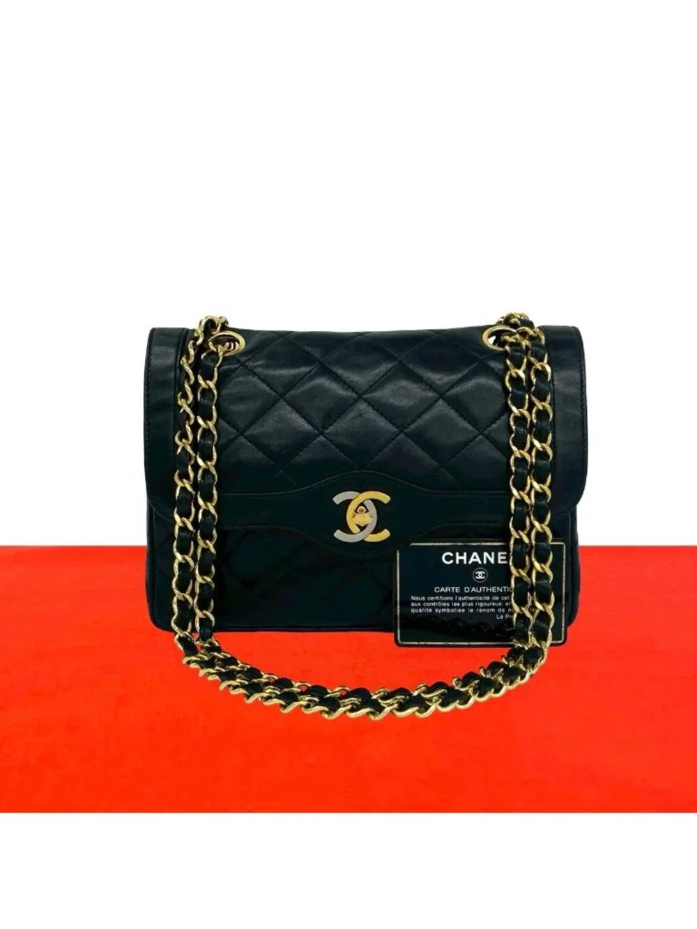 Chanel Card with Quilted CC Logo Double Flap Lambskin Shoulder Bag Black